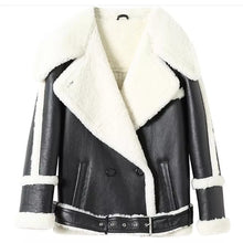 Load image into Gallery viewer, Women’s Black Leather White Shearling Big Collar Coat
