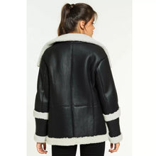 Load image into Gallery viewer, Women’s Black Leather White Shearling Big Fur Collar Coat
