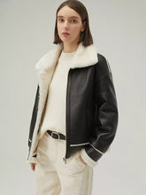 Load image into Gallery viewer, Women’s Black Leather White Shearling Collar Fur Jacket
