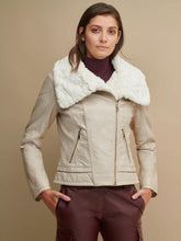 Load image into Gallery viewer, Women’s Cream Beige Leather White Shearling Big Collared Jacket
