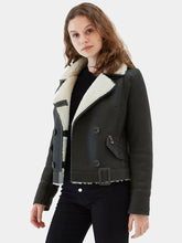 Load image into Gallery viewer, Women’s Matte Black Leather Shearling Coat Aviator Jacket
