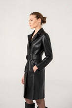 Load image into Gallery viewer, Women’s Black Sheepskin Leather Trench Coat Button Downed
