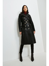 Load image into Gallery viewer, Women’s Black Sheepskin Leather Trench Coat Golden Buttons
