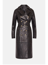 Load image into Gallery viewer, Women’s Black Sheepskin Leather Trench Coat Golden Buttons
