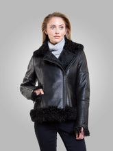 Load image into Gallery viewer, Women’s Black Leather Black Shearling Big Collared Jacket
