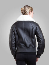 Load image into Gallery viewer, Women’s Black Leather White Shearling Bomber Jacket
