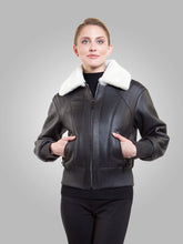 Load image into Gallery viewer, Women’s Black Leather White Shearling Bomber Jacket
