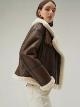 Load image into Gallery viewer, Women’s Chocolate Brown Leather Shearling Aviator Jacket
