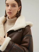 Load image into Gallery viewer, Women’s Chocolate Brown Leather Shearling Removable Hood Coat
