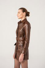 Load image into Gallery viewer, Women’s Chocolate Brown Sheepskin Leather Trucker Trench Coat
