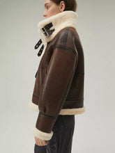 Load image into Gallery viewer, Women’s Dark Brown Leather Shearling Coat Jacket
