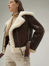 Load image into Gallery viewer, Women’s Dark Brown Leather Shearling Coat Aviator Jacket
