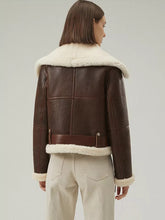 Load image into Gallery viewer, Women’s Dark Brown Leather Shearling Coat Aviator Jacket
