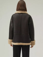 Load image into Gallery viewer, Women’s Matte Black Leather Shearling Big Collar Fur Coat
