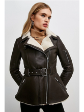 Load image into Gallery viewer, Women’s Dark Brown Leather White Shearling Coat Jacket
