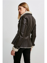 Load image into Gallery viewer, Women’s Dark Brown Leather White Shearling Coat Jacket
