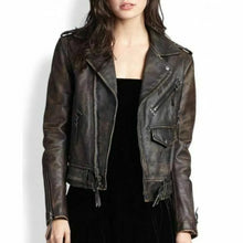Load image into Gallery viewer, Women&#39;s Black Distressed Leather Biker Jacket
