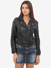 Load image into Gallery viewer, Women&#39;s Black Genuine Leather Motorcycle Jacket
