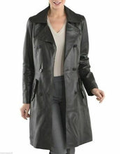 Load image into Gallery viewer, Women&#39;s Black Leather Double Breasted Trench Long Coat
