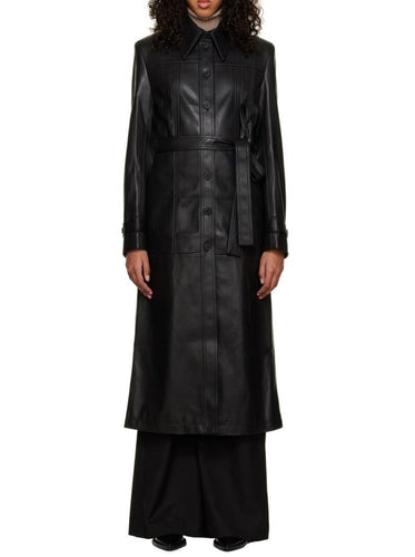 Women's Black Sheepskin Leather Trench Coat with Waist Belt