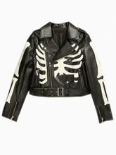 Load image into Gallery viewer, Women&#39;s Black Skeleton Leather Biker Jacket
