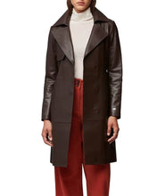 Load image into Gallery viewer, Women&#39;s Brown Sheepskin Leather Belted Trench Coat
