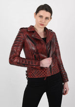 Load image into Gallery viewer, Women&#39;s Burnt Red Lambskin Leather Biker Jacket

