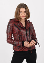 Load image into Gallery viewer, Women&#39;s Burnt Red Lambskin Leather Biker Jacket
