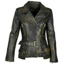 Load image into Gallery viewer, Women&#39;s Distressed Biker Motorcycle Leather Jacket
