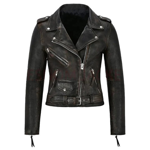 Women's Distressed Leather Biker Jacket