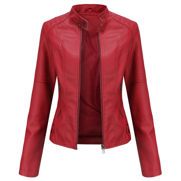 Women's Red Leather Moto Biker Zipper Jacket