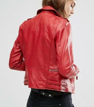 Load image into Gallery viewer, Women&#39;s Red Slim Fit Motorcycle Leather Jacket

