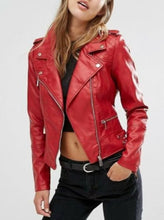 Load image into Gallery viewer, Women&#39;s Red Slim Fit Motorcycle Leather Jacket
