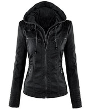 Load image into Gallery viewer, Women&#39;s Stylish Hooded Black Leather Biker Jacket

