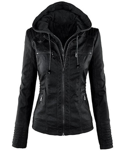 Women's Stylish Hooded Black Leather Biker Jacket