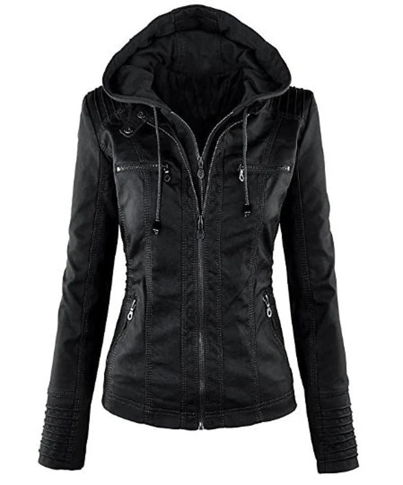 Women's Stylish Hooded Black Leather Biker Jacket