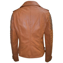 Load image into Gallery viewer, Women&#39;s Tan Brown Studded Leather Biker Jacket
