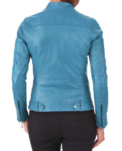 Load image into Gallery viewer, Women&#39;s Turquoise Blue Genuine Lambskin Leather Biker Jacket
