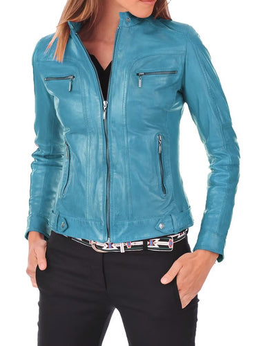 Women's Turquoise Blue Genuine Lambskin Leather Biker Jacket