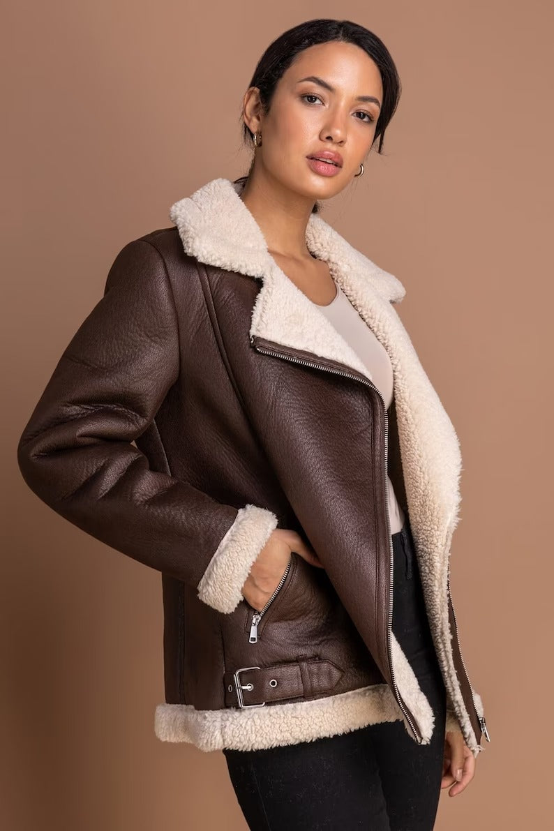 Buy Women's Vintage Brown B3 RAF Aviator Shearling Fur Bomber Jacket Online