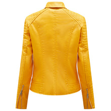 Load image into Gallery viewer, Women&#39;s Yellow Leather Moto Biker Jacket
