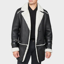 Load image into Gallery viewer, black sheepskin coat with white fur
