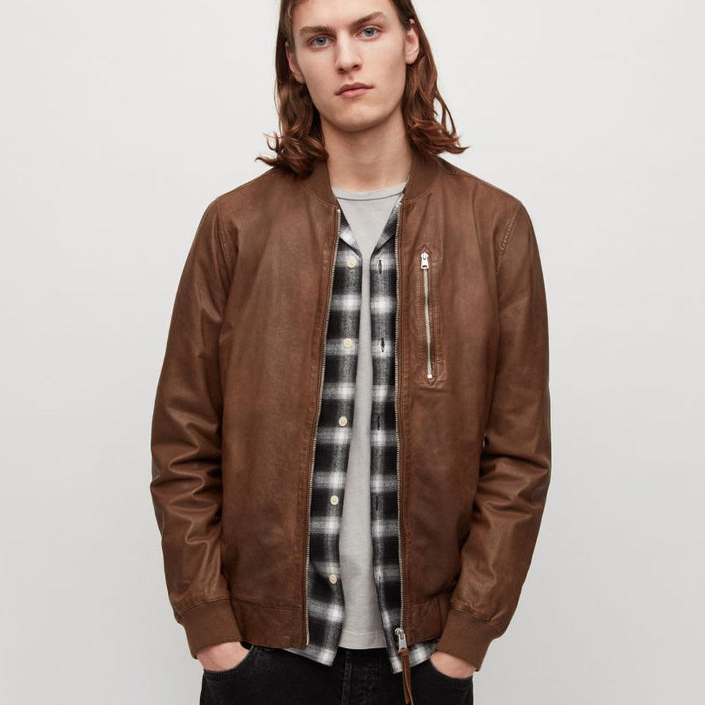 Mens Brown Lambskin Leather Bomber Jacket