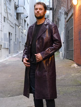Load image into Gallery viewer, Men&#39;s Jared Leto Joker Purple Crocodile Textured Leather Trench Coat
