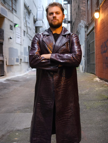 Men's Jared Leto Joker Purple Crocodile Textured Leather Trench Coat