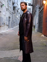 Load image into Gallery viewer, Men&#39;s Jared Leto Joker Purple Crocodile Textured Leather Trench Coat

