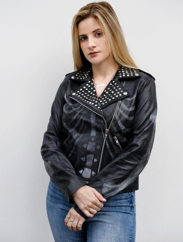 Women's Studded Biker Skull Samara Weaving Guns Akimbo Leather Jacket