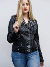 Load image into Gallery viewer, Women&#39;s Studded Biker Skull Samara Weaving Guns Akimbo Leather Jacket
