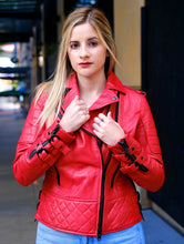Load image into Gallery viewer, Women&#39;s Quilted Red Biker Motorcycle Leather Jacket
