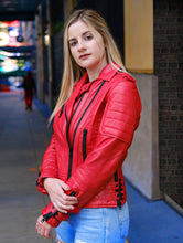 Load image into Gallery viewer, Women&#39;s Quilted Red Biker Motorcycle Leather Jacket

